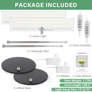 LORDEM Grow Light for Indoor Plant, Full Spectrum LED Plant Light, Height Adjustable Growing Lamp with Auto On/Off Timer 4H/8H/12H, 4 Dimmable Brightness, Ideal for Home Desk Plant Lighting, Pack of 2