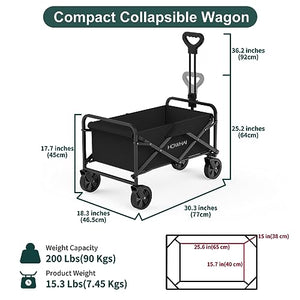 Collapsible Wagon, Wagon Cart with Wheels Foldable, Utility Wagon Cart with Wheels Foldable, Heavy Duty 100L Large with Drink Holders for Garden, Camping, Beach, Shopping(Black)
