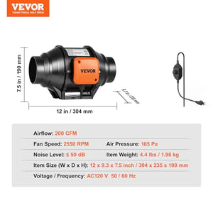 VEVOR Inline Duct Fan, 4-Inch 200 CFM with Variable Speed Controller, Quiet AC-motor Ventilation Exhaust Fan for Cooling Booster, Grow Tents, Hydroponics