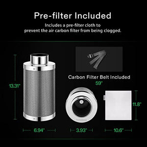 VIVOSUN 4 Inch Air Carbon Filter Smellines Control with Australia Virgin Charcoal for Inline Duct Fan, Grow Tent, Pre-filter Included, Reversible Flange 4" x 14"