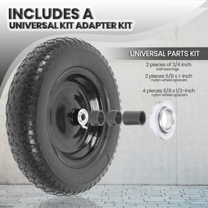 AR-PRO 4.80/4.00-8" Flat Free Tire - 14.5”D x 3.2”W Universal Solid Wheelbarrow Tire with 3” Hub and 5/8” Bearings – Extra Adapter kit includes 3/4” Ball Bearings, 1” and 1/2” Nylon Spacers