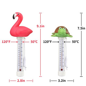 2 Packs Floating Pool Thermometer, Flamingo & Turtle Design Large Size Easy Accurate Readings for Water Temperature, Shatter Resistant with String for Outdoor & Indoor Swimming Pools & Spas