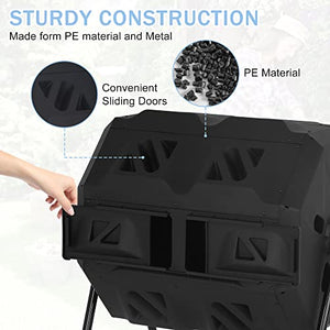 43 Gallon Compost Bin with Dual Chamber Sliding Doors, Outdoor 360° Tumbling Rotating Composting Bins Solid Steel Frame Gardening Compost Tumbler Bucket Trash Can for Patio Yard Waster, Black Door