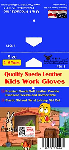 G & F Products 5013M JustForKids Kids Genuine Leather Work Gloves, Kids Garden Gloves, 4-6 Years Old