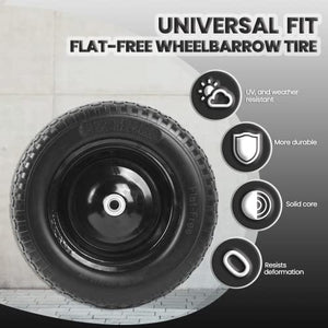 AR-PRO 4.80/4.00-8" Flat Free Tire - 14.5”D x 3.2”W Universal Solid Wheelbarrow Tire with 3” Hub and 5/8” Bearings – Extra Adapter kit includes 3/4” Ball Bearings, 1” and 1/2” Nylon Spacers
