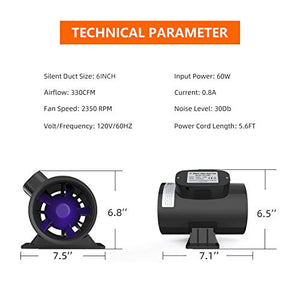 CastleGreens 6 Inch Inline Duct Fan, Silent Ventilation Exhaust Fan, Design for Hydroponics Grow Tent, Fit in Kitchen & Bathroom