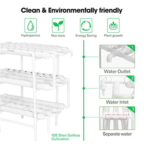 VIVOSUN Hydroponics Growing System 108 Plant Sites, 3 Layers 12 Food-Grade PVC-U Pipes Gardening System Grow Kit with Water Pump Timer, Nest Basket and Sponge for Leafy Vegetables