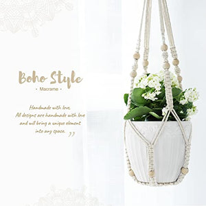 Mkono Macrame Plant Hanger Indoor Hanging Planter Basket with Wood Beads Decorative Flower Pot Holder No Tassels for Indoor Outdoor Boho Home Decor 35 Inch, Ivory (POTS NOT Included)
