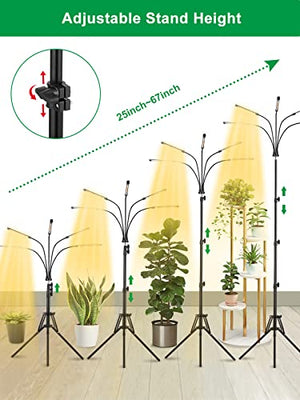 fyheart Grow Lights for Indoor Plants,Full Spectrum Grow Light with Adjustable Stand and Sturdy Clip,5 Light Tube,3 Light Modes,10 Dimmable Brightness,4/8/12 H Timer,360° Gooseneck,Remote Control