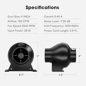 VIVOSUN D4 4 Inch 195 CFM Inline Duct Ventilation Fan HVAC Vent Blower for Hydroponics Grow Tent