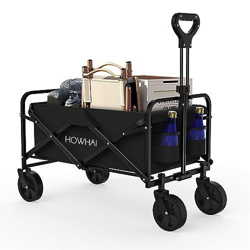 Collapsible Wagon, Wagon Cart with Wheels Foldable, Utility Wagon Cart with Wheels Foldable, Heavy Duty 100L Large with Drink Holders for Garden, Camping, Beach, Shopping(Black)