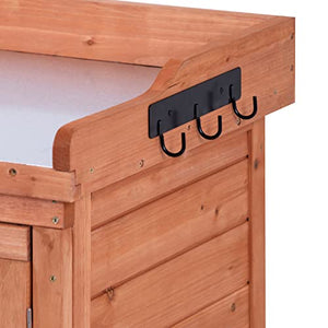 Outdoor Storage Cabinet, Garden Potting Bench Table & Solid Wood Planting Work Bench with 2 Shelves, Side Hook & Splash Plate, Wooden Storage Cabinet for Backyard, Patio, Lawn