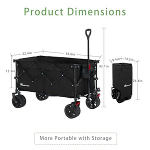 Moon Lence Collapsible Folding Wagon Cart Heavy Duty Folding Garden Portable Hand Cart with All-Terrain Beach Wheels, Adjustable Handle & Drink Holders (Black)