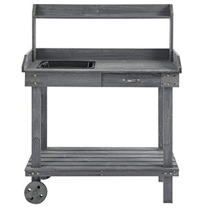 Outsunny 36'' Wooden Potting Bench Work Table with 2 Removable Wheels, Sink, Drawer & Large Storage Spaces, Gray