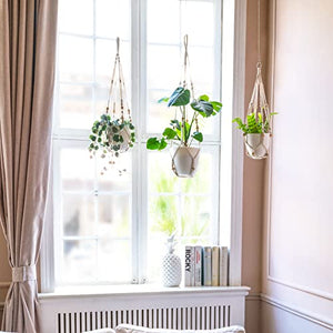 Mkono Macrame Plant Hanger Indoor Hanging Planter Basket with Wood Beads Decorative Flower Pot Holder No Tassels for Indoor Outdoor Boho Home Decor 35 Inch, Ivory (POTS NOT Included)