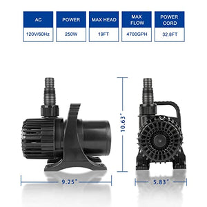 OYO WATER Pond Pump Waterfall Pumps Submersible Outdoor Water Fountain Pump with Barrier Pump Bag 32.8FT POWER CORD (4700GPH)