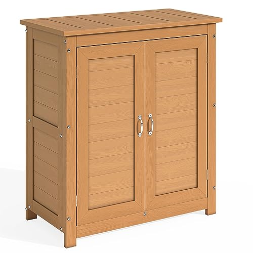 DWVO Outdoor Storage Cabinet, Poly Lumber Garden Potting Bench with Double Doors, Poly Outside Tools Cabinet for Backyard, Patio, Porch Workstation (Brown)