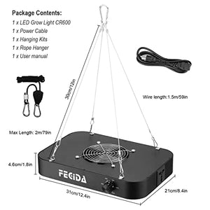 FECiDA 2023 Best LED Grow Lights for Indoor Plants Full Spectrum, Seed Starting Seedlings Vegetable Pepper Hanging Growing Lamps, Daisy Chain Function, Quiet Built-In Fan, Dimmable, 600W