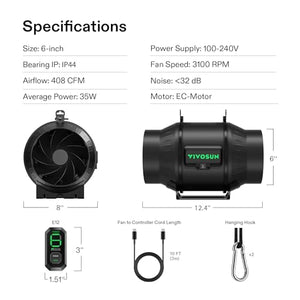 VIVOSUN AeroZesh T6 6-inch 408 CFM Inline Duct Fan, Entirely Programmable PWM-Controlled EC Fan for Grow Tent Ventilation