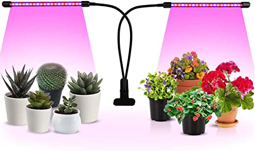 iPower LED Grow Light with Full Spectrum for Indoor Plants, Adjustable Gooseneck, 2/3 Light Modes&5/10 Dimmable Levels, 3 Auto Timing Modes, 2 Tubes, Red&Blue