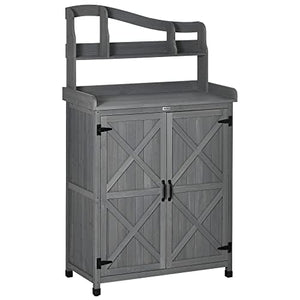 Outsunny Outdoor Potting Bench Table & Garden Storage Cabinet, Multi-Function Gardening Bench, Wooden Planting Workstation with Magnetic Doors, for Yard Tools or Pool Accessories, Gray