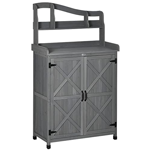 Outsunny Outdoor Potting Bench Table & Garden Storage Cabinet, Multi-Function Gardening Bench, Wooden Planting Workstation with Magnetic Doors, for Yard Tools or Pool Accessories, Gray