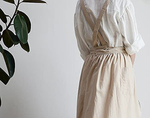 VLZUFE Women Cotton Linen Cross Back Apron with Pockets for Gardening Works Pinafore Dress