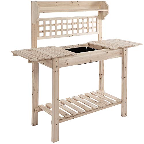 Outsunny Outdoor Potting Bench with Sliding Tabletop, Storage Shelf and Dry Sink, 2-Level Gardening Table, Wooden Workstation for Greenhouse, Garden, Patio, Natural