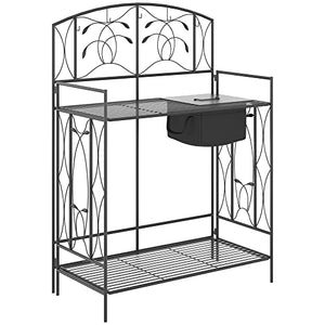 Outsunny Folding Potting Bench Table, Metal Garden Workstation, Work Bench with Large Built-in Bag with Cover, 5 Hanging Hooks & Storage Shelf, Leaf Pattern