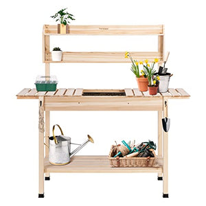 VIVOSUN Garden Potting Bench, Wood Outdoor Prep Station, Planting Worktable w/Sliding Tabletop, Removable Sink, and Storage Shelves