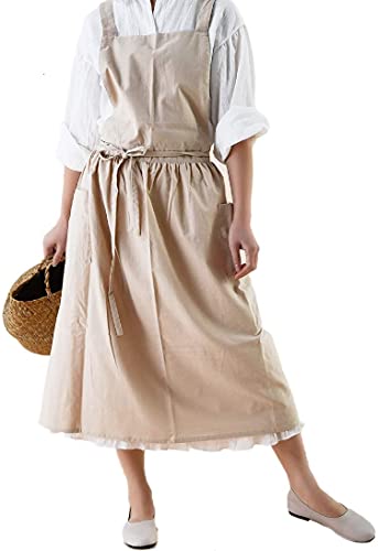 VLZUFE Women Cotton Linen Cross Back Apron with Pockets for Gardening Works Pinafore Dress