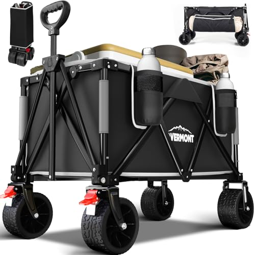 Overmont Collapsible All-Terrain Wagon Cart - 3.2in Wide Wheels - 150L Large Capacity with Side Pockets for Camping Sports Garden Grocery Shopping - 265lbs Load