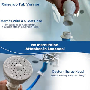 Rinseroo Tub Faucet Hose and Sprayer, Slip-On Bathtub Shower Attachment. 5 Foot Hose Fits Spouts up to 3” Wide for Washing Hair, Baby, & Dogs. Pet Hose Sprayer for Bathroom Tub Faucet