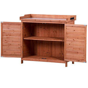 Outdoor Storage Cabinet, Garden Potting Bench Table & Solid Wood Planting Work Bench with 2 Shelves, Side Hook & Splash Plate, Wooden Storage Cabinet for Backyard, Patio, Lawn