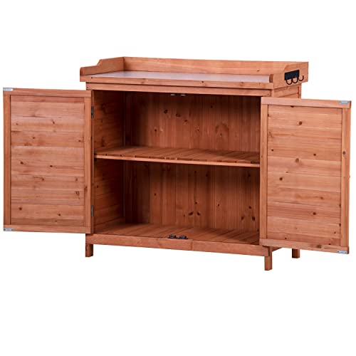Outdoor Storage Cabinet, Garden Potting Bench Table & Solid Wood Planting Work Bench with 2 Shelves, Side Hook & Splash Plate, Wooden Storage Cabinet for Backyard, Patio, Lawn