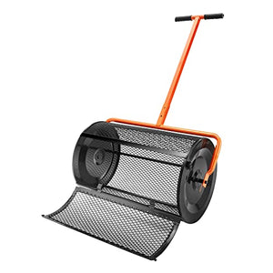 VEVOR Compost Spreader, 24.4-25.6" Height Adjustable Handle, 24" Wide, Lawn and Garden Peat Moss Roller with Side Latches, Powder Coated Steel Mesh Basket for Spreading Manure, Topsoil, Black