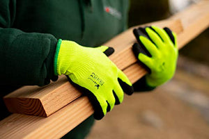 G & F 1516 12 Pairs Pack Premium High Visibility Low emissions Green Work and gardening Gloves for Men and Women.MicroFoam Textured Coated Palm and Fingers Gloves for Gardening Work,Size Large,Green