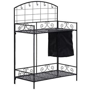 Outsunny Folding Potting Bench Table, Metal Garden Workstation, Work Bench with Large Build-in Bag with Cover, 5 Hanging Hooks & Storage Shelf