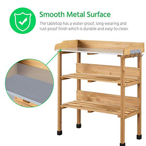 Yaheetech Outdoor Garden Potting Bench Table Wooden Horticulture Planting Worstation w/Metal Tabletop/Storage Shelf/3 Hooks, Natural Wood
