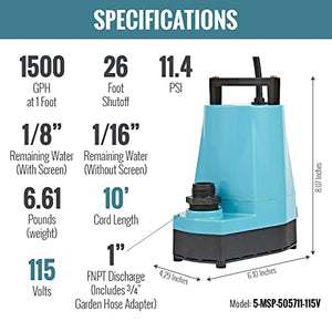 Little Giant 5-MSP 115-Volt, 1/6 HP, 1500 GPH, Aluminum Manual Hydroponics Pump, 10-Ft. Cord, Blue, 505711