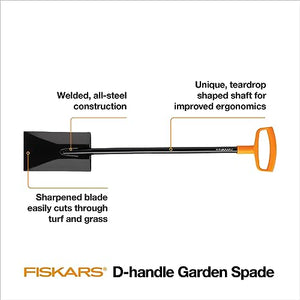 Fiskars Square Garden Spade Shovel - 46" - Steel Flat Shovel with D-Handle - Garden Tool for Digging, Lawn Edging, Pruning - Heavy Duty Weed Puller Tool - Black/Orange