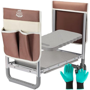 DEERFAMY Garden Stool 10.2" Width, Garden Kneeler and Seat Load Cap 350 lbs, Heavy Duty Gardening Stool with Extra Kneeling Pad, 2 Tool Pouches, Claw Gloves, Gift for Women Seniors, Brown