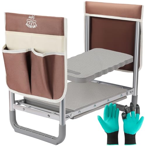 DEERFAMY Garden Stool 10.2" Width, Garden Kneeler and Seat Load Cap 350 lbs, Heavy Duty Gardening Stool with Extra Kneeling Pad, 2 Tool Pouches, Claw Gloves, Gift for Women Seniors, Brown
