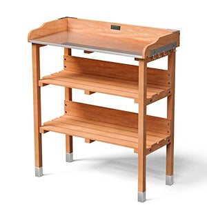 Giantex Garden Potting Bench, Outdoor Wood Workstation Table with Galvanized Steel Tabletop, 5 Hooks, 2-Tier Storage Shelves, Outside Work Station Potting Table with Raised Edge, Easy Assembly