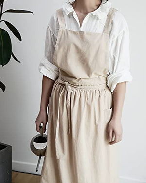 VLZUFE Women Cotton Linen Cross Back Apron with Pockets for Gardening Works Pinafore Dress