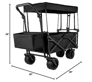 Happbuy Extra Large Collapsible Garden Cart with Removable Canopy, Folding Wagon Utility Carts with Wheels and Rear Storage, Wagon Cart for Garden, Camping, Grocery Cart, Shopping Cart, Black