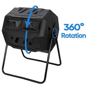 Oteymart Large Compost Bin Tumbler, 43 Gallon Capacity Composting Tumbler with Twin Chambers Dual Rotating Sliding Door & Solid Steel Frame, Black