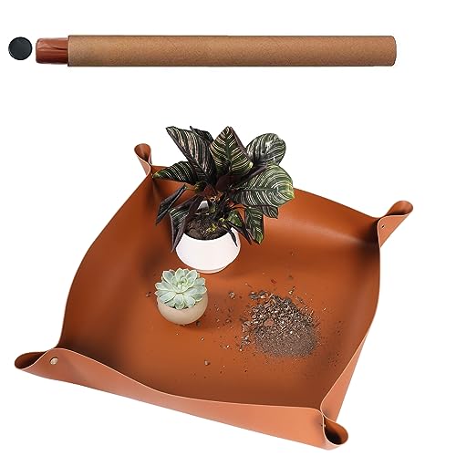 Owl Focus PU Leather Repotting Mat,Indoor Plant Transplanting and Mess Control Tarp,26.5" x 26.5" Foldable Waterproof Potting Tray,Succulent Gardening Mat for Plant Lovers Gifts