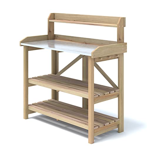 Safstar Garden Potting Bench, Gardening Work Station Table with 2 Storage Shelves, Fir Wood Structure and Metal Tabletop, Gardening Table Potting Benches for Outside Backyard Balcony