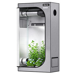 COSTWAY Grow Tent, 36” X 20” X 63”, Indoor Grow Room with Observation Window, Removable Floor Tray, Ventilation Duct Port, 600D Mylar Hydroponic Dark Room for Patio, Garage (Grey, 36"x20"x63")
